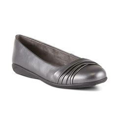 Brand New! (1) Jaclyn Smith Women's Farrah Ballet Flat - Pewter Size 7  Medium Width #41070  Quilted footbed offers cushioning Pleated toe lends sophistication Folding and pleating decorates the toe of this women's Farrah ballet flat by Jaclyn Smith for a sophisticated and professional look. Classically styled, this shoe lends the perfect finishing touch to your business casual wardrobe. A quilted cushioned footbed adds a soft step, while a rubber outsole offers stability. Slip-on Faux leather u Silver Slip-on Flats With Removable Insole, Silver Closed Toe Synthetic Flats, Silver Slip-on Flats With Round Toe, Business Casual Wardrobe, Heel Care, Jaclyn Smith, Ballet Flat Shoes, Ballet Flat, Dress Brands