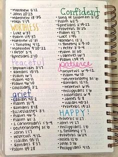 an open bible book with words written in different colors and numbers on the pages, which are