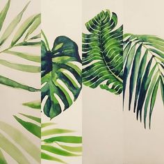 two paintings of green leaves on white paper, each with different shapes and sizes in the same pattern