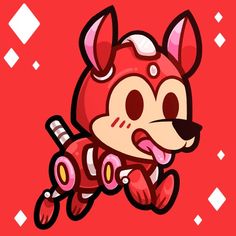 a cartoon dog flying through the air with its mouth open and tongue out, on a red