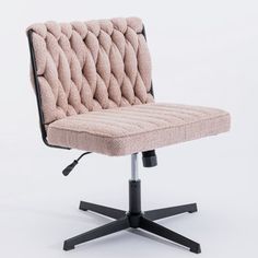 an office chair with a pink upholstered seat and black base, on a white background