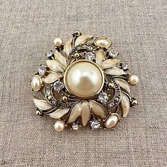 VTG Monet Brooch Goldtone Faux Pearl Cabochon Clear Rhinestone Enamel 2.75" | eBay On The Top, Vintage Brooch, Clear Rhinestones, Vintage Brooches, Antique Jewelry, Faux Pearl, Brooch Pin, Vintage Antiques, Brooches