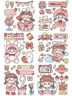 an assortment of stickers with cartoon characters on them, all in pink and white