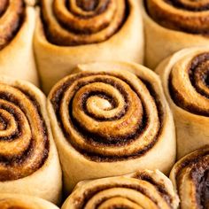 cinnamon rolls are arranged in rows on display