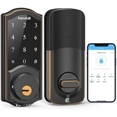 an electronic door lock is shown next to a phone and padlock on a white background