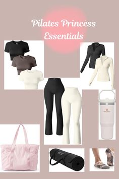 a woman's outfit and purse with the words pilates princess essentials