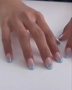 Tip Chrome Nails, Baby Blue French Tip, French Tip Chrome Nails, French Tip Chrome, Blue French Tip, Summery Nails, Simple Acrylic Nails, Blue French, Tip Nails