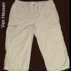 Van Heusen Fitted Cargo Style Capri Pants In Very Cool And Breathable 100% Cotton! New Without Tags! The Van Heusen Craftsmanship & Luxury Shines Thru Within The Button Closure Baby Blue, Off-White & Black Stripes Along The Inner Waistband. Off-White With Light Blue Stripes On The Waist Band Gives These A Sexy, Beach Feel. Great For The Beach/ Summer. Easily Transition From Day Wear To Night Wear. Nice Enough To Dress Up Or Down; Very Versatile! Single Cargo Pocket On Right Leg With Button Closu Country Girlfriend, Cargo Style, Night Wear, Cargo Pocket, Beyond Yoga, Van Heusen, Stella Mccartney Adidas, Womens Vans, Beach Summer