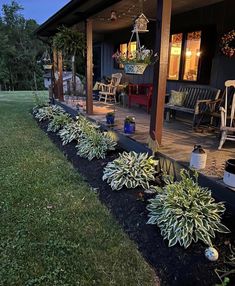 some plants are growing on the side of a house in front of a porch with rocking chairs