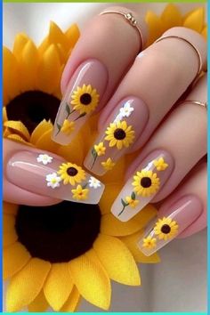 Sunflower Nails Design, Simple Dragon, Sunflower Nail, Plaid Nail Designs, Fun Manicure, Beach Nail Designs, Beach Nail, Yellow Nail Art, Yellow Nails Design