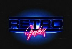 the logo for retro graphics is shown in blue and red neon letters on a black background