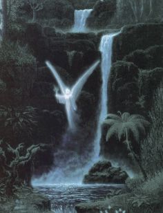 a drawing of a bird flying over a waterfall