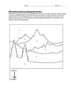 the worksheet shows how to draw mountains and trees