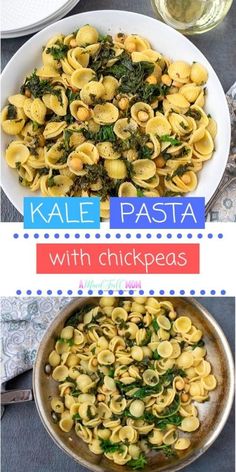 kale pasta with chickpeas and spinach in a skillet