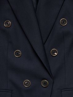 Expertly tailored from a beautiful wool-blend twill, this double-breasted blazer is cut for a slim fit with sharp shoulders.  Here, we refreshed the style with horn buttons with a delicate gold frame—a nod to the style's maritime heritage.  Slim Fit: Sharp shoulders, slim through the sleeves and body with special definition at the waist.  Peak lapel.  Double-breasted gold crest button front.  Two exterior pockets.  Single back vent.  Fully lined.  *This style runs small.  Consider sizing up.  Lo Luxury Workwear Blazer With Gold Buttons, Luxury Double-breasted Suit For Office, Elegant Business Blazer Dress With Gold Buttons, Luxury Office Blazer With Gold Buttons, Classic Formal Blazer Dress With Gold Buttons, Classic Blazer Dress With Gold Buttons For Formal Occasions, Chic Formal Blazer With Gold Buttons, Luxury Blazer With Gold Buttons And Notch Lapel, Classic Formal Blazer With Double-breasted Buttons