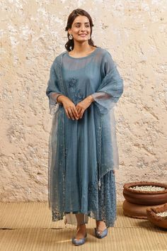 Buy Blue Chanderi Embroidery Floral Round Kurta Set For Women by Naaz By Noor Online at Aza Fashions. Sheer Kurta, Sheer Dupatta, Placement Embroidery, Kurta Set For Women, Fashion Sketches Dresses, Sketches Dresses, Blue Sheers, Yellow Outfit, Embroidery Floral