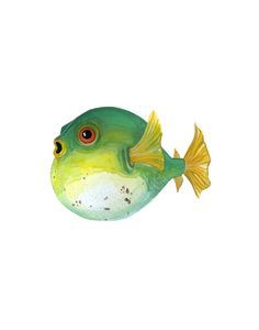 a green and yellow fish on a white background with watercolor paint effect in it's eyes