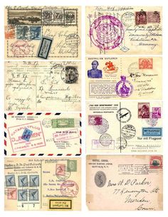 several different envelopes with stamps on them