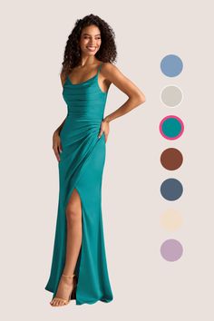 a woman in a long dress with different colors