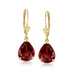 Ross-Simons - 7.00 ct. t. w. Pear-Shaped Garnet Drop Earrings in 14kt Yellow Gold. Firey and intense, these earrings are so gorgeous! Glowing in a classic 14kt yellow gold setting, 7.00 ct. t. w. pear-shaped garnet drops add a touch of burgundy to your outfit. Hanging length is 1". Leverback, garnet drop earrings. Garnet birthstones are the perfect gift for January birthdays. Garnet Drop Earrings, Emerald Earrings Drop, Jewelry Presentation, Opal Drop Earrings, Garnet Birthstone, Fine Jewelery, Opal Earrings Stud, Garnet Pendant, Opal Studs