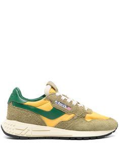 green/yellow calf suede panelled design brushed effect front lace-up fastening branded heel counter logo-embroidered tongue round toe branded insole ridged rubber sole Sneakers Green, Chanel 2, Iconic Bags, Suede Fabric, Flat Boots, Exclusive Fashion, Ballet Flat Shoes, Pump Sandals, Ski Wear