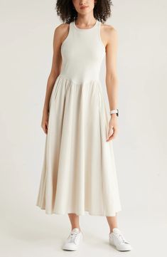 Zella Effortless Cutout Back Hybrid Dress | Nordstrom Casual Beige Halter Neck Midi Dress, Solid Sleeveless Everyday Dress, Everyday Sleeveless Dress, Sleeveless Four-way Stretch Maxi Dress, Solid Color Sleeveless Everyday Dress, Sleeveless Maxi Dress With 4-way Stretch, Summer Stretch Dresses For Everyday, Summer Everyday Stretch Dresses, Sleeveless Summer Maxi Dress For Everyday