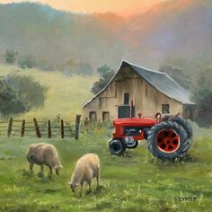 a painting of farm animals grazing in front of a barn with a tractor on it