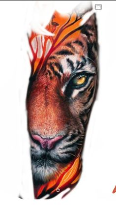 a tiger's face with orange and white feathers on its head is shown in this tattoo design