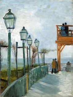 an oil painting of people on a pier by the water with lanterns and street lights