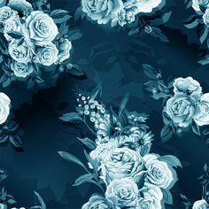 blue roses on a dark background with leaves and flowers in the center, as well as buds