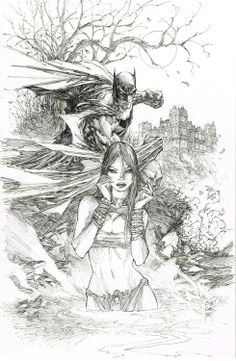 a drawing of batman and catwoman in the woods