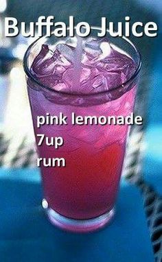 a pink lemonade drink with ice on the rim and in front of it is an ad for buffalo juice