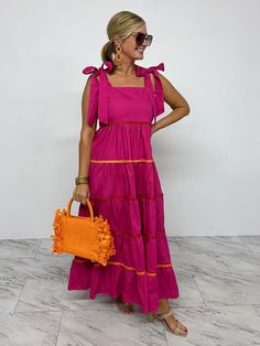 Pierce Pink Tiered Maxi Dress Large Statement Earrings, Simply Chic, Red And Orange, Tiered Maxi Dress, Scalloped Lace, Tropical Paradise, Tiered Skirt, Large Bust, Fitted Bodice