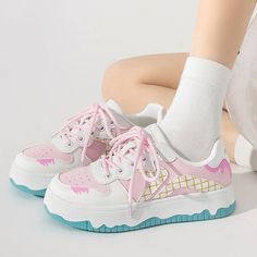 These sneakers feature a playful ice cream-inspired design with pastel colors arranged in a grid pattern, highlighted by whimsical drips and wavy soles for a fun and youthful look. Material: Vegan Leather Run small, please review the sizing information Random Clothing, Aesthetic Sneakers, Heels Platform, Soft Aesthetic, Aesthetic Shoes, Mary Jane Heels, Grid Pattern, Shoes Shop, Ice Cream Cone