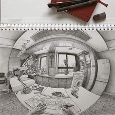 a pencil drawing of a living room and kitchen