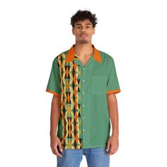 Retro Bowling Style Shirt Green and Burnt Orange Beautiful - Etsy Retro Collared Short Sleeve Shirt With Graphic Print, Green Short Sleeve Tops With Retro Print, Green Retro Print Short Sleeve Tops, Retro Short Sleeve Shirt With Camp Collar, Green Short Sleeve Shirt With Graphic Print, Relaxed Fit, Green Relaxed Fit Short Sleeve Shirt With Graphic Print, Retro Green Short Sleeve Shirt For Summer, Green Retro Short Sleeve Shirt For Summer, Green Casual Shirt With Retro Print