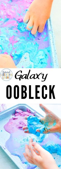 two hands are playing with blue and pink paint on a tray that says galaxy oobleck