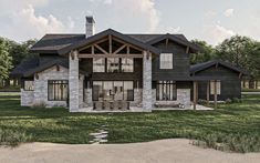 this is an artist's rendering of a house in the country style with stone and wood accents