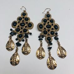 Nwot Gold Tone With Black Stones Danglers Lightweight And Great Movement. Approximately 4 1/2 Inches Long Black Beaded Metal Dangle Earrings, Black Metal Dangle Chandelier Earrings, Black Teardrop Chandelier Earrings With Dangling Beads, Bohemian Black Teardrop Beaded Earrings, Black Dangle Jewelry For Festivals, Black Dangle Jewelry For Festival, Elegant Black Chandelier Earrings With Dangling Beads, Black Pierced Earrings For Festival, Black Party Chandelier Earrings With Dangling Beads