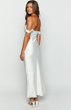 Ella White Off Shoulder Formal Dress White Satin Cocktail Dress, White Maxi Off-shoulder Dress For Party, White Strapless Maxi Dress For Date Night, Fitted Off Shoulder Maxi Dress For Prom Season, Fitted Off Shoulder Maxi Dress For Prom, Fitted Maxi Length Off Shoulder Dress For Prom, Formal Off-shoulder Maxi Dress For Prom Season, Off-shoulder Satin Maxi Dress For Formal Occasions, White Off-shoulder Evening Maxi Dress