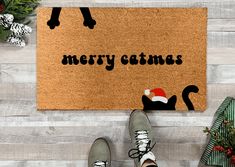 Funny Cat Doormat - Christmas Doormats - Nickel Designs Holiday Front Porch Decor, Holiday Front Porch, Front Doormat, Merry Catmas, Weathered Paint, Painted Door, Christmas Doormat, Christmas Porch Decor, Front Porch Decor