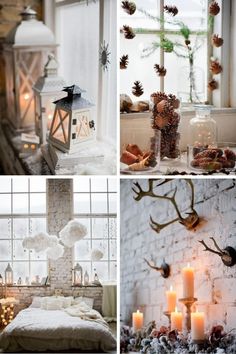 four different pictures with candles and decorations in them