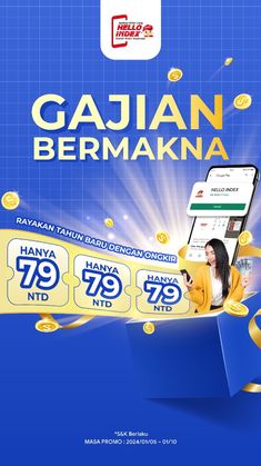 the advertisement for gajaan bermakana is shown in blue and gold