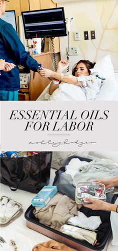 an image of essential oils for laborrigns in the hospital with text overlay that reads essential oils for laborrigns, essential oils for laborriganizing