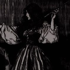 a black and white drawing of a woman in a dress holding an umbrella over her head