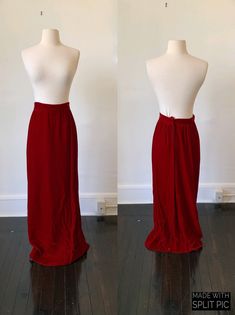 Vintage Dark Red Velvet Maxi Skirt 1970's 70's Red Velvet Gothic Full Length High Rise Skirt. In great condition! No tags on this item, but would best fit a 24 inch waist. Measurements are taken while garment is laid flat and are as follows: Waist: 12 inches Hip: 17 inches Length: 42 inches Formal Fitted Red Maxi Skirt, Vintage Full-length Lined Skirt, Vintage Red Skirt For Party, Vintage Fitted Maxi Skirt For Party, Fitted Vintage Maxi Skirt For Party, Vintage Red Party Skirt, Vintage Red Bottoms For Party, Fitted Vintage Full-length Maxi Skirt, Vintage Red Lined Skirt