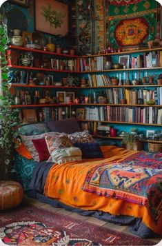 a bed sitting in a bedroom next to a book shelf filled with lots of books