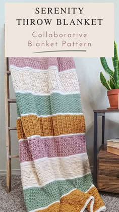 a crocheted blanket sitting on top of a chair next to a potted plant