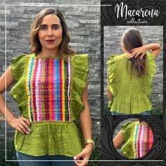 This feminine vintage style shirt is beautifully made. Colorful flowers, it is a unique one of a kind. Since it is hand embroidered, each flower is slightly different. It is made of cotton and it extremely comfortable. Beautiful Blouse, made with 100% cotton blanket, dyed in bright colors. The ruffles that distinguish this blouse are made by hand, by artisans from Chiapas. Beautiful blouse, you can use it with jeans, leggings, skirts, it is a very elegant blouse and has a beautiful and fine embr Spring Folk Blouse With Woven Motifs, Spring Embroidered Green Shirt, Spring Green Embroidered Shirt, Green Embroidered Shirt For Spring, Bohemian Blouse With Woven Motifs, Green Traditional Embroidered Top For Spring, Traditional Green Embroidered Top For Spring, Traditional Green Blouse For Spring, Folk Style Embroidered Top With Woven Motifs