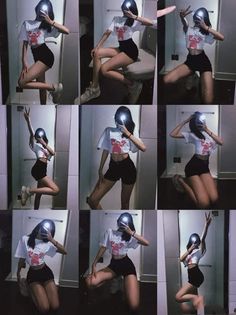 many pictures of a woman with a helmet on her head and holding a baseball bat